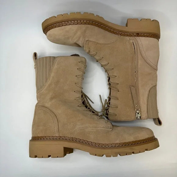 SAM EDELMAN Combat Boots Womens 7.5 Beige Tan Lex Sesame Suede Leather Side Zip - Picture 2 of 11